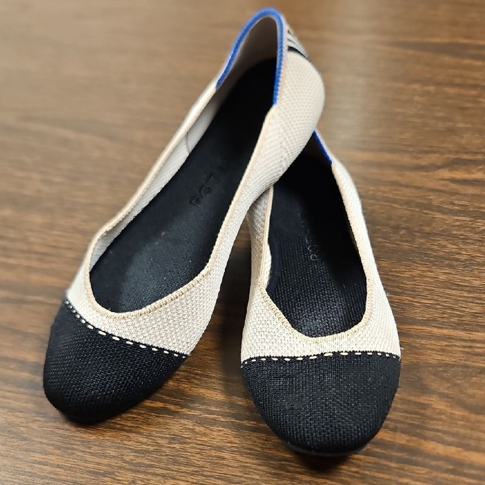 Rothy's The Square Tuxedo Elegant Black and Cream Flats Size 6.5